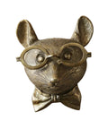 Bronze mouse figurine with glasses and a bow tie on a light pink background