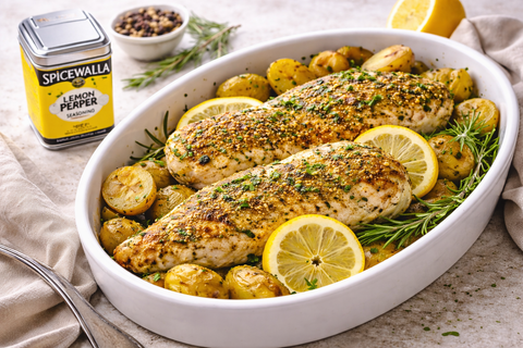 Lemon herb roasted chicken with lemon pepper seasoning and lemon infused olive oil