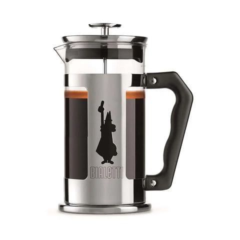 French press coffee maker with Bialetti logo on a white background