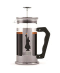 French press coffee maker with a black handle on a white background