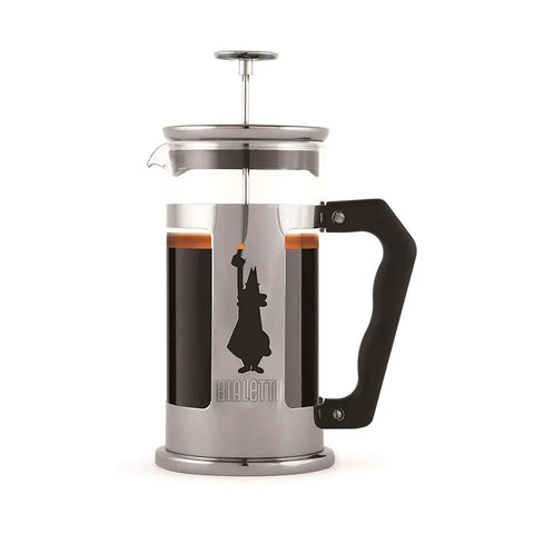 French press coffee maker with a black handle on a white background