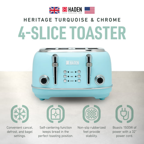 Haden Heritage 4 Slice Wide Slot Stainless Steel Toaster, Turquoise & Chrome