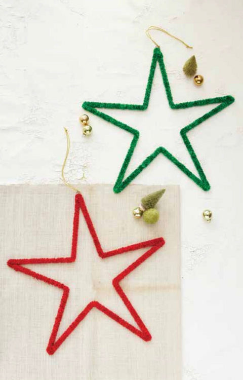 Handmade Chenille Yarn Wrapped Metal Hanging Star, Green