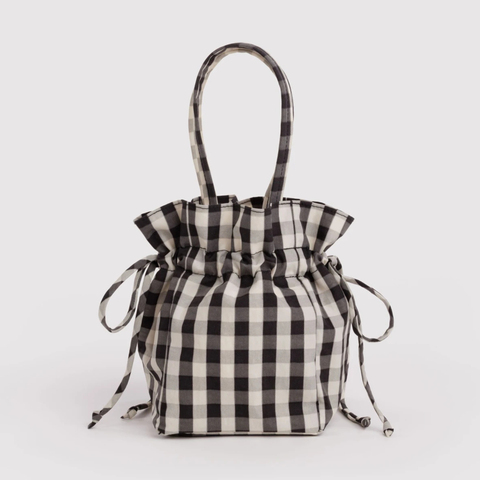 Nylon Drawstring Bag, Black and Cream Gingham - BAGGU