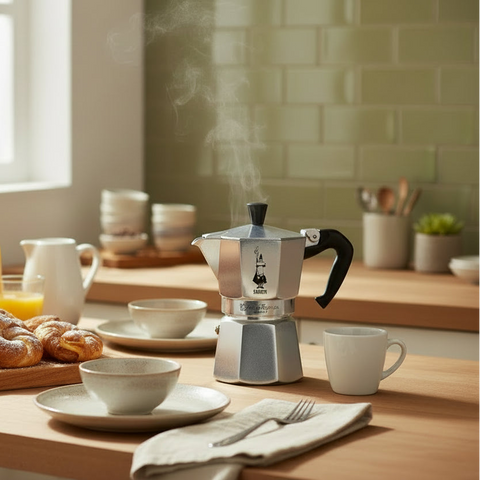 Kitchen counter with breakfast items including coffee, pastries, and fruit.