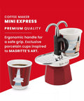 Coffee maker with cups on a red background, featuring text about its features.