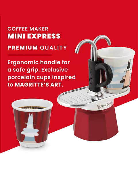 Coffee maker with cups on a red background, featuring text about its features.