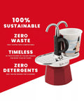 Red coffee maker with a cup on a red background, featuring sustainability text.