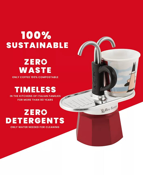 Red coffee maker with a cup on a red background, featuring sustainability text.
