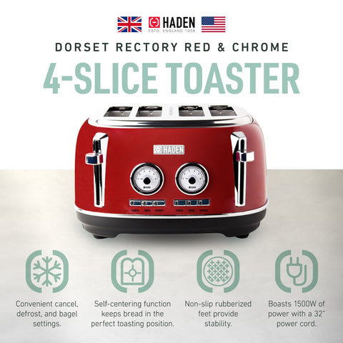 Haden Dorset 4 Slice Wide Slot Stainless Steel Toaster, Rectory Red