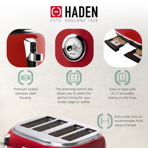 Haden Dorset 4 Slice Wide Slot Stainless Steel Toaster, Rectory Red