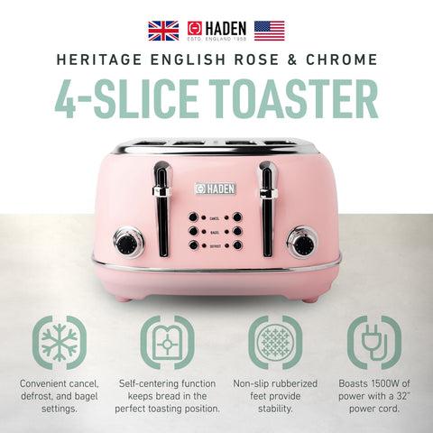 Haden Heritage 4 Slice Wide Slot Stainless Steel Toaster, English Rose