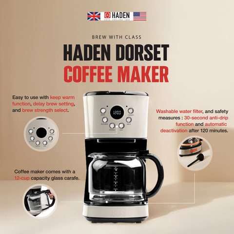 Haden Retro Style 12 Cup Programmable Coffee Maker with 2 Slice Toaster, Beige