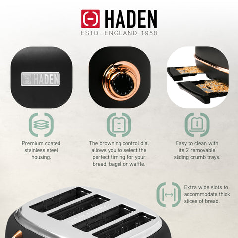 Haden Heritage 4 Slice Wide Slot Stainless Steel Toaster, Black & Copper