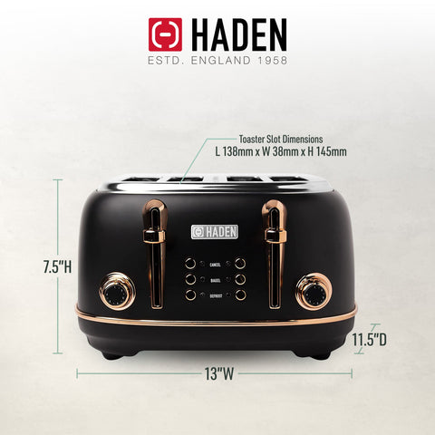 Haden Heritage 4 Slice Wide Slot Stainless Steel Toaster, Black & Copper