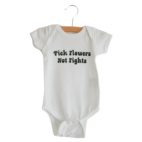 Pick Flowers Not Fights Onesie, 0-3M, White