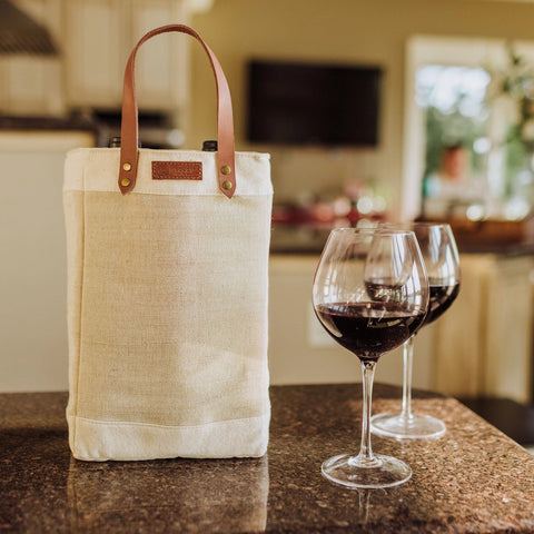 2 Bottle Insulated Wine Cooler Tote Bag - Beige + Brown