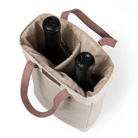 2 Bottle Insulated Wine Cooler Tote Bag - Beige + Brown