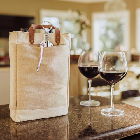 2 Bottle Insulated Wine Cooler Tote Bag - Beige + Brown