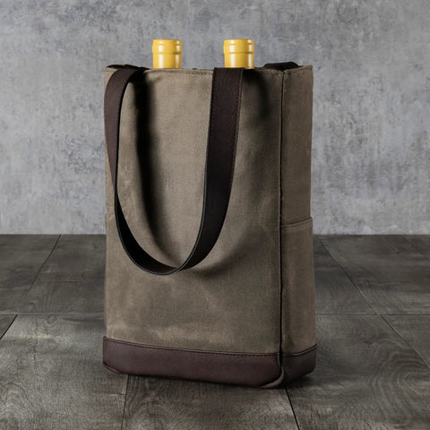 2 Bottle Insulated Wine Cooler Tote Bag - Khaki Green + Beige