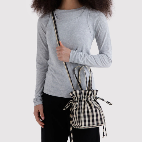 Nylon Drawstring Bag, Black and Cream Gingham - BAGGU