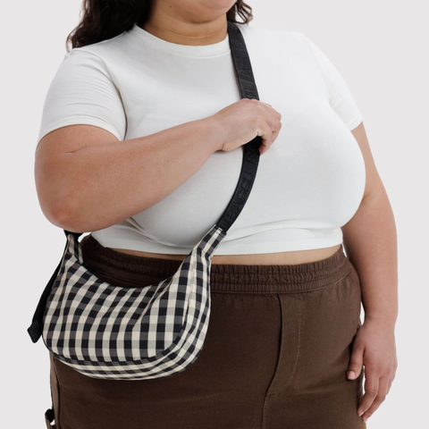 Small Nylon Crescent Bag, Black + Cream Gingham - BAGGU
