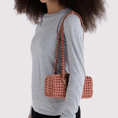 Small Denim Bowler Bag, Tan Houndstooth  - BAGGU