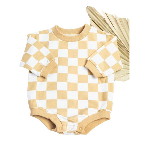 Organic Checkered Oversized Bubble Romper, 0-3M, Sand