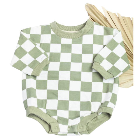 Organic Checkered Oversized Bubble Romper, 0-3M, Sage