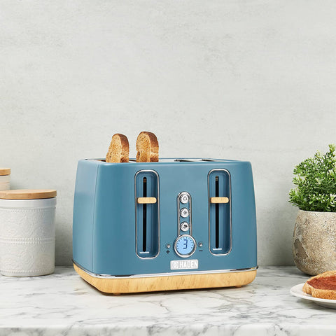 Haden Dorchester 4 Slice Wide Slot Retro Toaster with Control Knob, Stone Blue