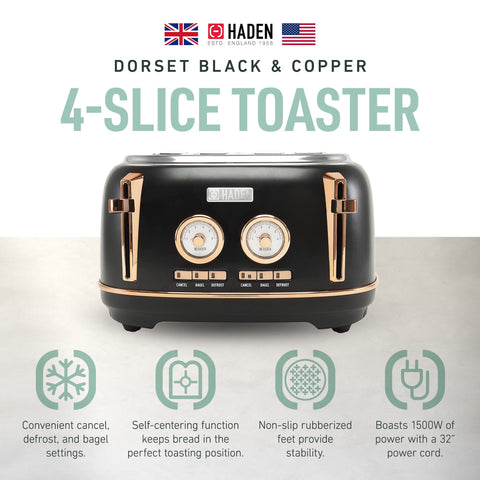 Haden Dorset 4 Slice Wide Slot Stainless Steel Toaster, Black & Copper