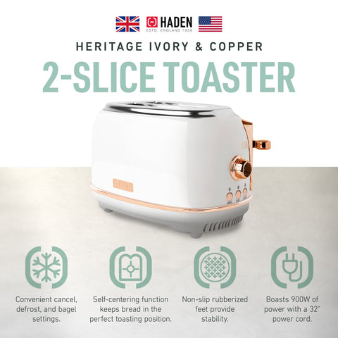 Haden Heritage 2 Slice Wide Slot Stainless Steel Toaster, Ivory & Copper