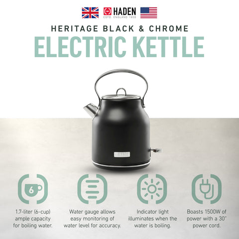 Haden Heritage 1.7 Liter Stainless Steel Electric Water Kettle, Black & Chrome