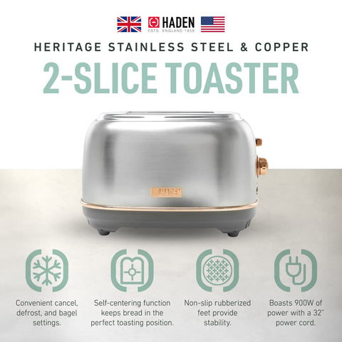 Haden Heritage 2 Slice Wide Slot Stainless Steel Toaster, Steel & Copper