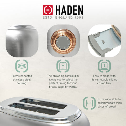 Haden Heritage 2 Slice Wide Slot Stainless Steel Toaster, Steel & Copper