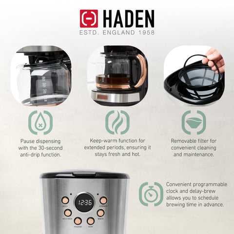 Haden Coffee Machine, 12 Cup Programmable Drip Coffee Maker, Steel & Copper