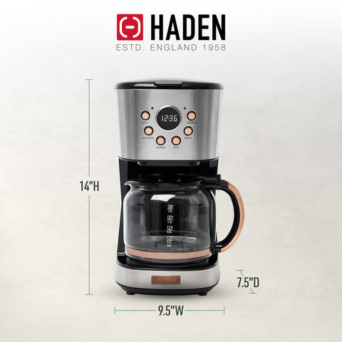 Haden Coffee Machine, 12 Cup Programmable Drip Coffee Maker, Steel & Copper