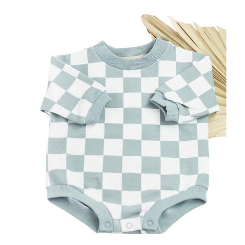 Organic Checkered Oversized Bubble Romper, 0-3M, Blue