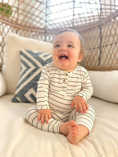 Top and Bottom Outfit and Hat Set (Newborn-12 months sizes) Black Stripes - Stroller Society