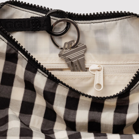 Small Nylon Crescent Bag, Black + Cream Gingham - BAGGU