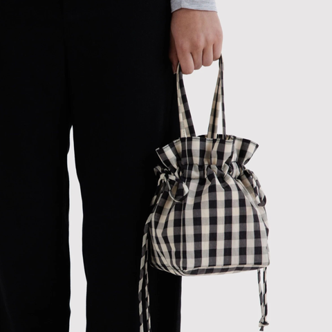 Nylon Drawstring Bag, Black and Cream Gingham - BAGGU