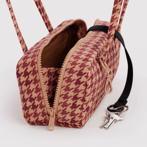 Small Denim Bowler Bag, Tan Houndstooth  - BAGGU