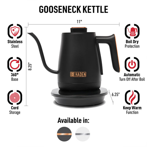 Haden Electric Tea Kettle, Gooseneck Hot Water Boiler, 0.6L Teapot, Black/Copper