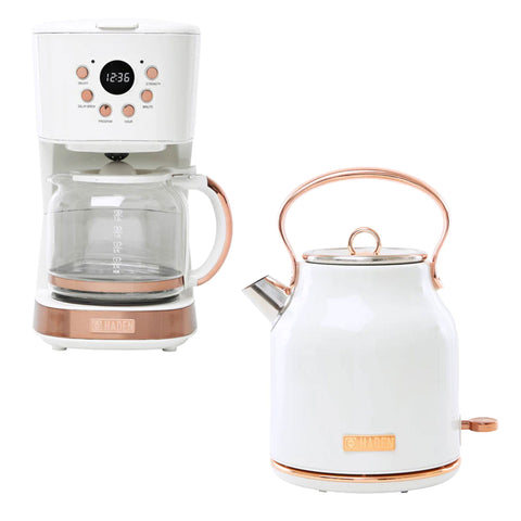 Haden 12 Cup Coffee Maker & Heritage 1.7 Liter Electric Kettle, Ivory & Copper