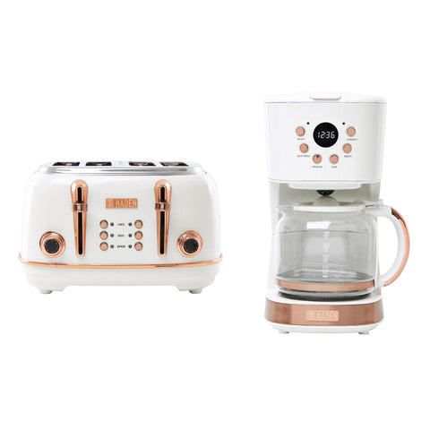 Haden Heritage 4 Slice Wide Slot Toaster & 12 Cup Coffee Maker, Ivory & Copper