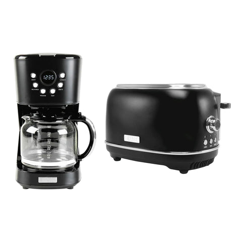 Haden 12 Cup Coffee Maker & Heritage 2 Slice Wide Slot Toaster, Black & Chrome