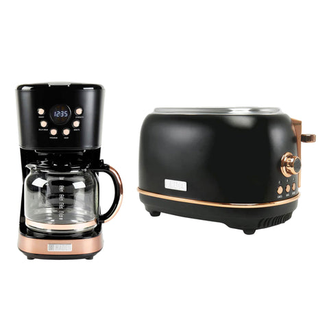 Haden Heritage 2 Slice Wide Slot Toaster & 12 Cup Coffee Maker, Black & Copper