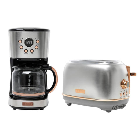 Haden Heritage 12 Cup Coffee Maker & 2 Slice Wide Slot Toaster Set, Steel/Copper