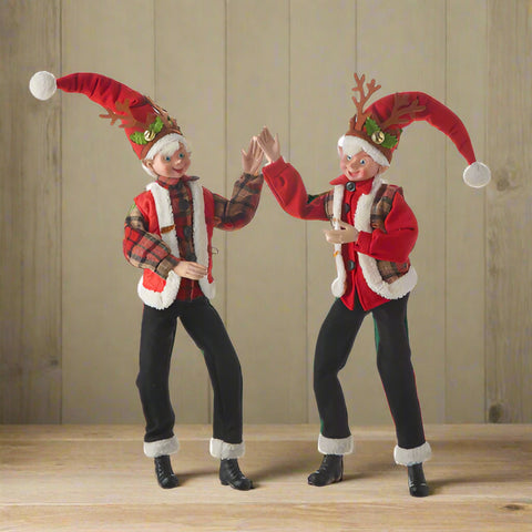 Posable Elf With Reindeer Antlers - Plaid Vest