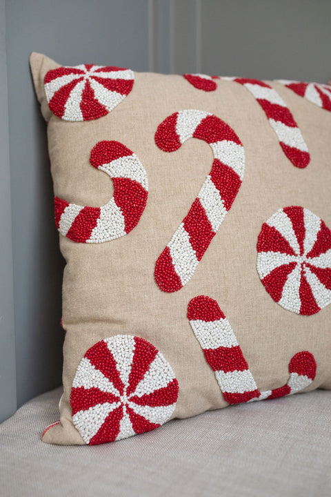 Candy Canes + Peppermint Swirls Beaded Pillow